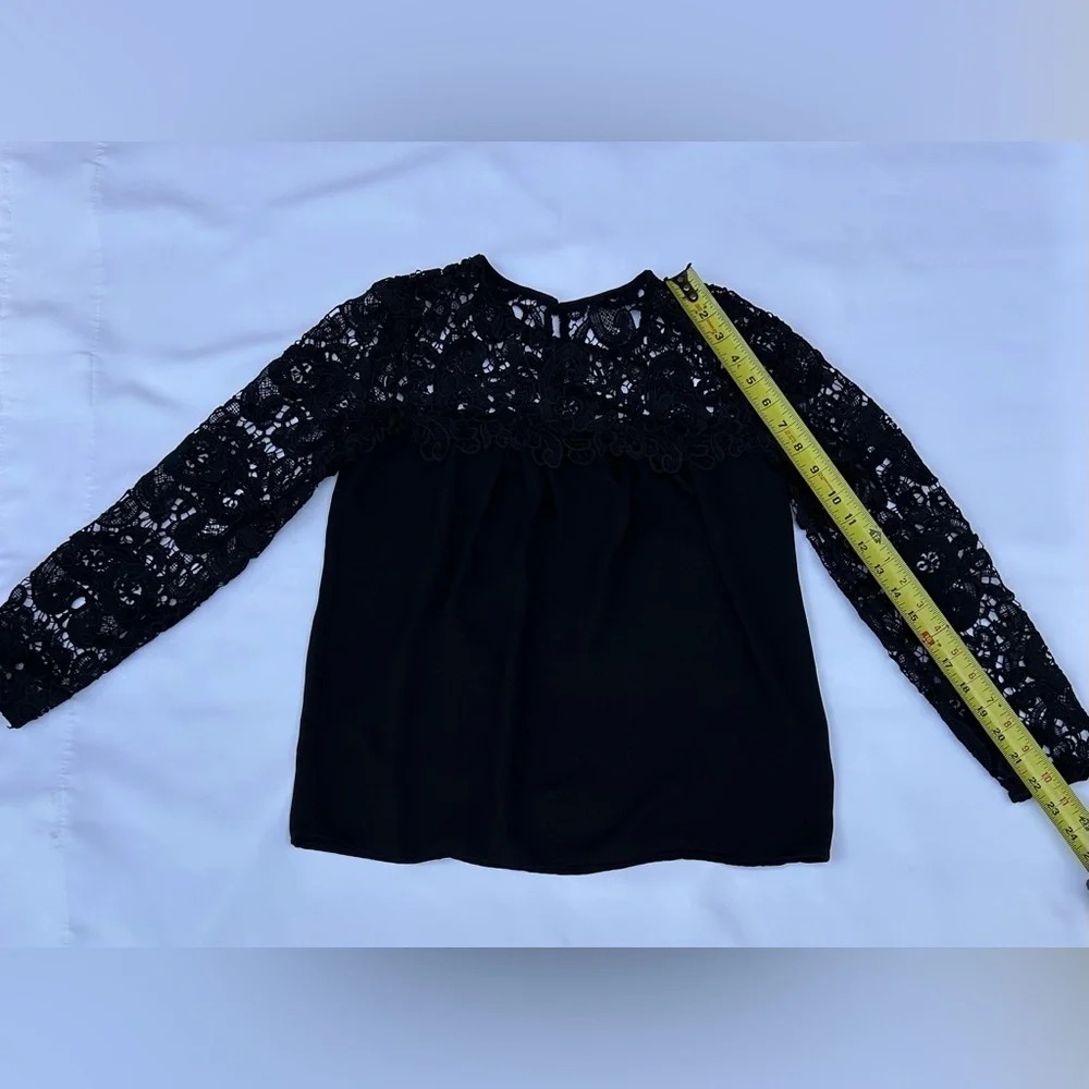J.Crew Black Lace Long Sleeve Blouse XXS – Elegant Sheer Yoke Holiday Party Top